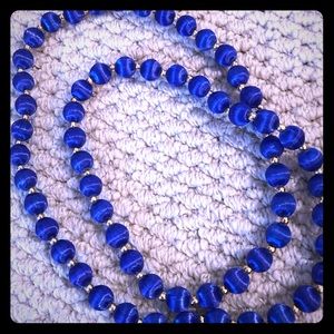 Rare Satin beaded necklace beautiful blue satin covered beads Vintage